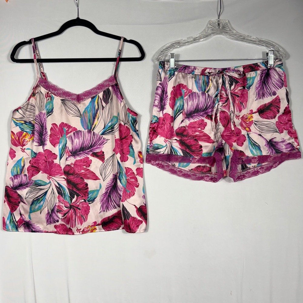 Vtg Y2K Cynthia Rowley Sleepwear Pink Floral Satin Pajama Set L Cami Shorts Lace